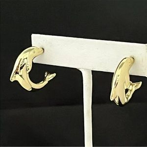 NEW Vintage Dolphin Hoop Earrings Gold Tone 11D